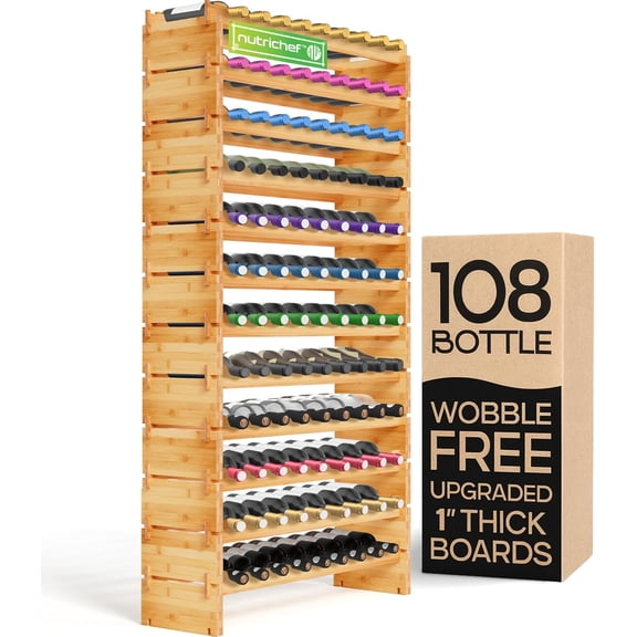 NutriChef Bamboo Stackable Wine Rack, 12-Tier 108 Bottle Capacity Free Standing Floor, No Tools Assembly, Modular Storage Display Shelf for Kitchen and Cellar 33.5" x 10" x 62.75"