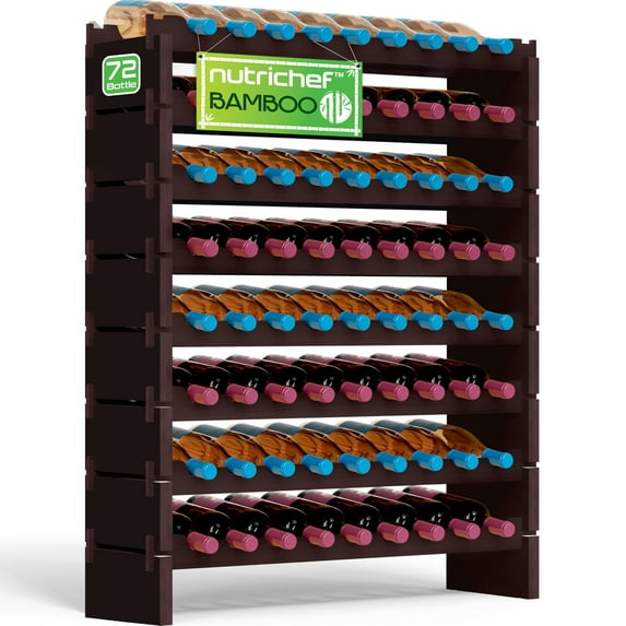 NutriChef Bamboo Stackable Wine Rack, 8-Tier 72 Bottle Capacity Wine Racks Free Standing Floor, No Tools Assembly, Modular Storage Display Shelf for Kitchen and Cellar 33.5" x 10" x 42", Black