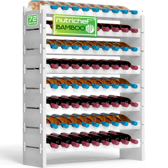 NutriChef Bamboo Stackable Wine Rack, 8-Tier 72 Bottle Capacity Wine Racks Free Standing Floor, No Tools Assembly, Modular Storage Display Shelf for Kitchen and Cellar 33.5" x 10" x 42", White