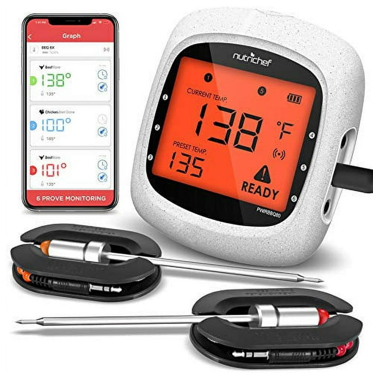 NutriChef Bluetooth Meat Thermometer for Grilling and Smoking - Wifi Grill  Thermometer for Outside BBQ and Smoker Oven - 6 Temperature Probes and  Smart APP and 400 Ft Range 