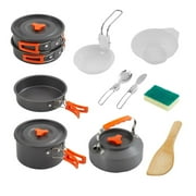NutriChef Camping Cookware Set - Lightweight Nonstick Pots, Pans, Utensils, Bowls, Cutlery, and Cleaning Tools with Mesh Bag, Foldable Handles, Compact Outdoor Cooking Gear for Hiking & Travel Grey