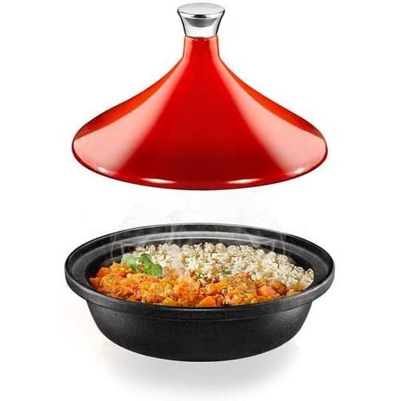 NutriChef Cast Iron Moroccan Tagine 2.75 Quart Tajine Cooking Pot with Stainless Steel Knob (Red)