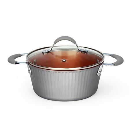 NutriChef Cooking Pot with Lid - Stylish Kitchen Cookware with Elegant Lines Pattern, Non-Stick, 2.1 Quart