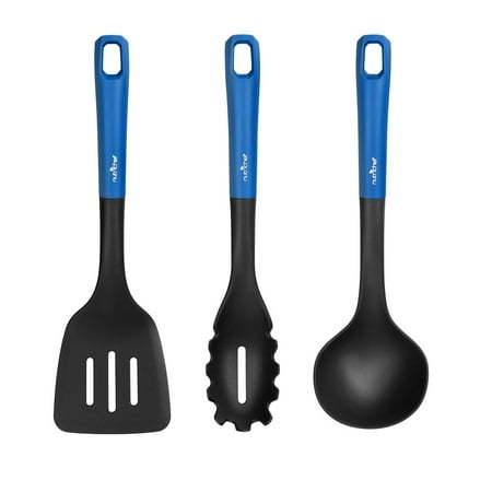 NutriChef Cooking Utensils Set - Includes Soup Ladle, Pasta Fork, and Spatula (Blue)
