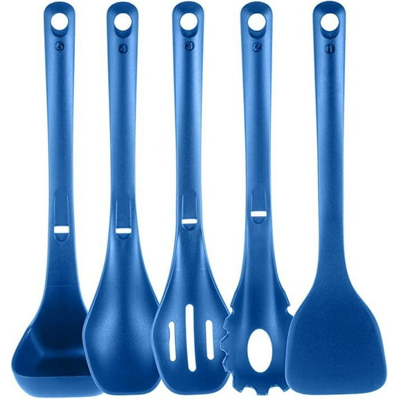 NutriChef Cooking Utensils Set - Spatula, Pasta Fork, Solid Spoon, Slotted Spoon & Tool Seat (Blue)