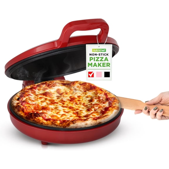 NutriChef Countertop Pizza Maker | 1500W Non-Stick Electric Pizza Cooker | Make 12" Personal Pizzas, Eggs, Toast & More | Cool-Touch Handles, Compact & Space-Saving | Temp Range 175-400F | Red