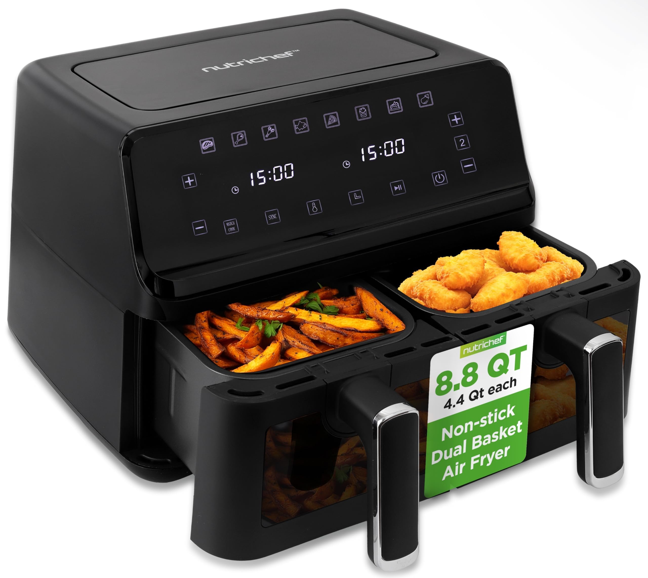 NutriChef Double Basket Air Fryer 8.8 QT Family Size Oil Free Digital Cooker with Transparent Window 9-1 Preset Cooking Options 360 Hot Air Circulation Technology 4.4 QTs per Basket Black