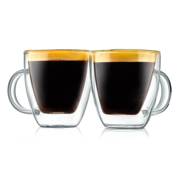 NutriChef Double Wall Insulated Cups - 2pcs 5.2 oz Glass Sweat Free Mugs Clear Drinkware for Hot/Cold Drinks, Dishwasher Safe