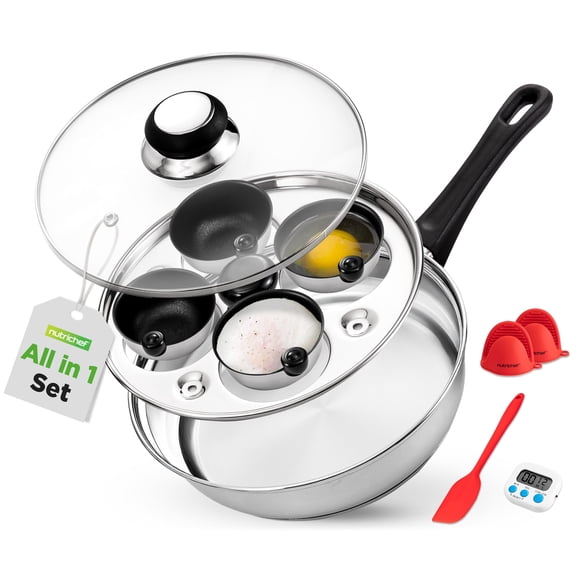 NutriChef Egg Poacher Pan Set 7.87 Stainless Steel Poached Egg Cooker with 4 Non-Stick Poaching Cups, Glass Lid, Timer, Oven Mitt, and Spatula for Perfect Poached Eggs, Induction Compatible, Silver