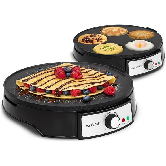 NutriChef Electric Crepe Maker & Griddle Cooktop, 12-Inch Reversible Nonstick Hot Plate, Adjustable Temperature Control, LED Indicators, Spatula & Batter Spreader Included