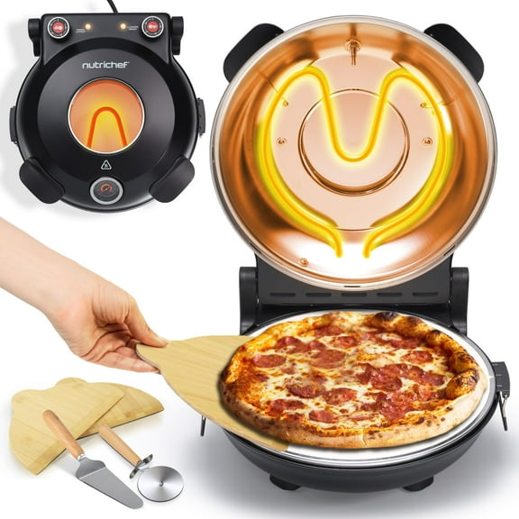 NutriChef Electric Pizza Oven | 1200W Countertop Pizza Maker with Temperature Control & Thermometer | Viewing Window for Precise Cooking | Heats up to 800˚F | Easy to Clean Non-Stick Coating (Black)