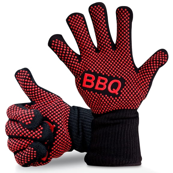 NutriChef Heat Resistant Grill Gloves Silicone,Heat‑resistant fiber, Soft inner cotton 14 inches length Red