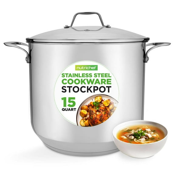 NutriChef Heavy Duty 15 Quart Stainless Steel Stock Pot with Handles and Lid