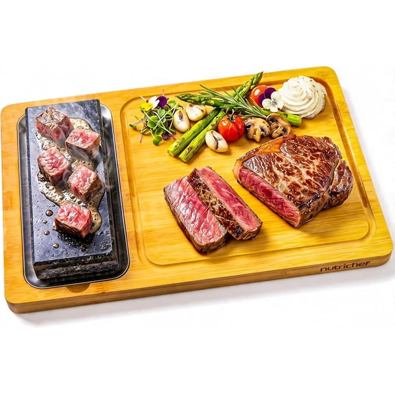 NutriChef Hot Stone Tabletop Grill Set, 1.1" Thick Granite Cooking Stone with Bamboo Tray & Stainless Steel Tray, Korean BBQ Style Set for Steak, Meat, Seafood & Vegetables