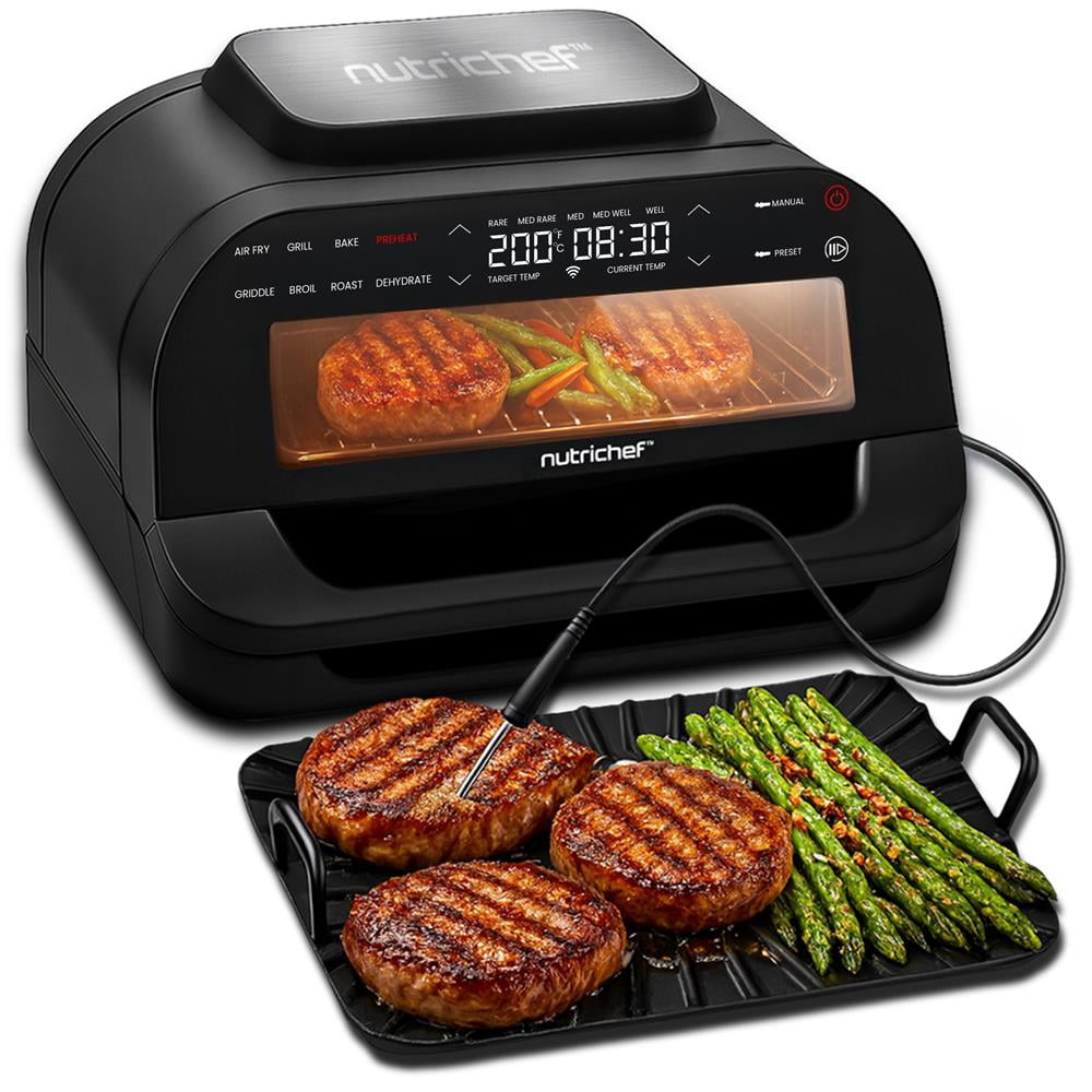 NutriChef Indoor Smokeless Grill & Air Fryer Combo, 7-in-1 Electric Grill, 6L Capacity, Smart Thermometer, Temp Control, Nonstick Removable Plates