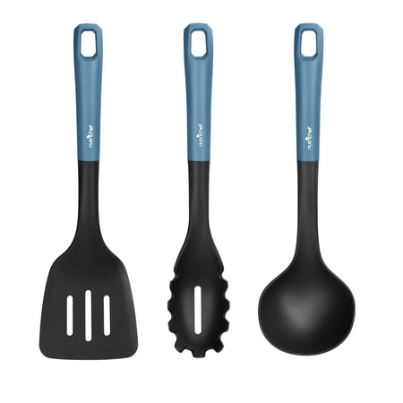 NutriChef Kitchen Cooking Utensils Set, Includes Soup Ladle, Pasta Fork, and Spatula, Medium, Black