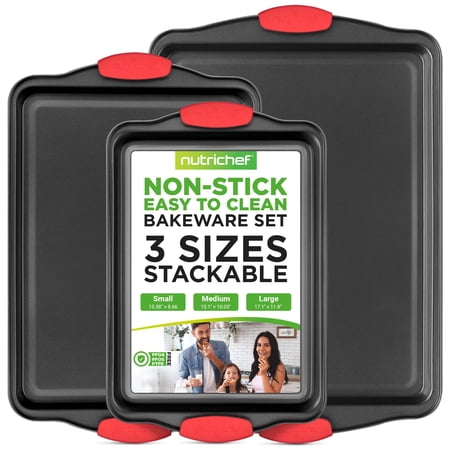 NutriChef NCSBS3S - Kitchen Oven Baking Pans - Deluxe Nonstick Gray Coating Inside & Outside Carbon Steel Bakeware Set With Red Silicone Handles (3-Pieces)