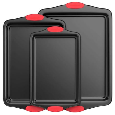 NutriChef NCSBS3S - Kitchen Oven Baking Pans - Deluxe Nonstick Gray Coating Inside & Outside Carbon Steel Bakeware Set With Red Silicone Handles (3-Pieces)