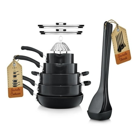 NutriChef Kitchenware 17 Piece Non-Stick Cookware Set, Non-Stick Pans and Pots with foldable Knob, Space Saving, Stackable, Nylon Tools Set, Induction Base, Black