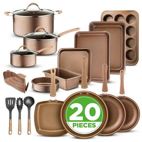 NutriChef Metallic Nonstick Ceramic Cookware and Bakeware Set, Bronze