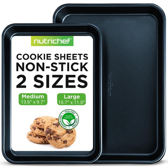NutriChef NC2TRBU - 2-Pc. Nonstick Cookie Sheet Baking Pan - Professional Quality Kitchen Cooking Non-Stick Bake Trays with Blue Diamond Coating Inside & Outside