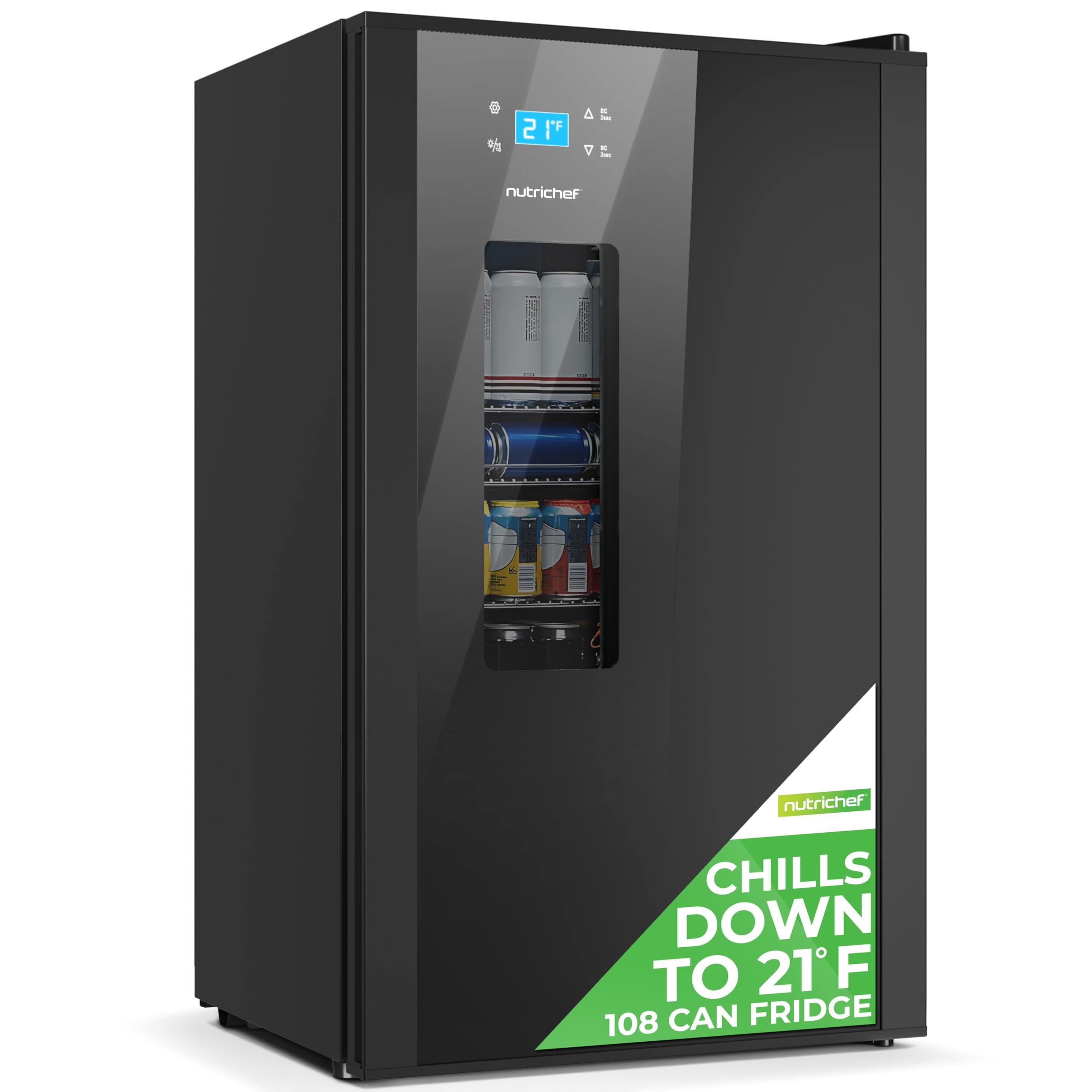NutriChef NCBEERCL100 Fridge, Freestanding Beverage Refrigerator for Beer and Soda, Adjustable Temperature 21°F to 64°F, 108 Can Capacity-19 x 17 x 33 IN, Black