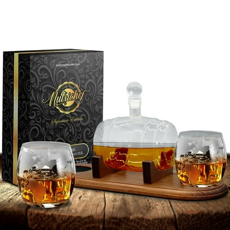 NutriChef NCGDS19 Home Bar Glass Whiskey Decanter Aerator Set with Whiskey Glasses, 3-Piece, Barrel Design