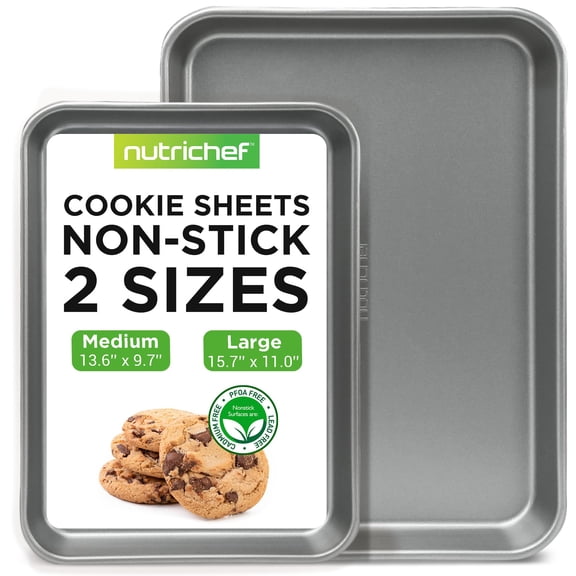 2-Pc. Nonstick Cookie Sheet Baking Pan - Professional Quality Kitchen Cooking Non-Stick Bake Trays with Gray Coating Inside & Outside