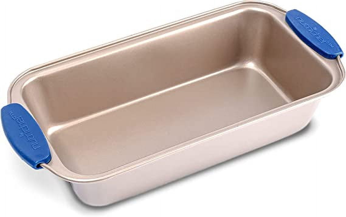 NutriChef Non-Stick Loaf Baking Pan, Deluxe Gold Carbon Steel Pan W/ Blue Silicone Handles, (Gold)
