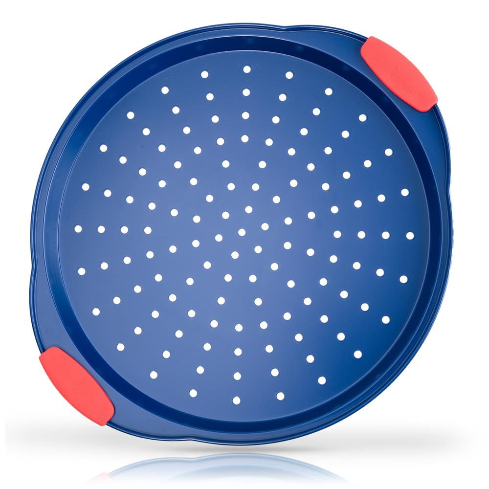 NutriChef Non-Stick Pizza Pan - Deluxe Nonstick Blue Coating Inside & Outside With Red Silicone Handles (Blue)