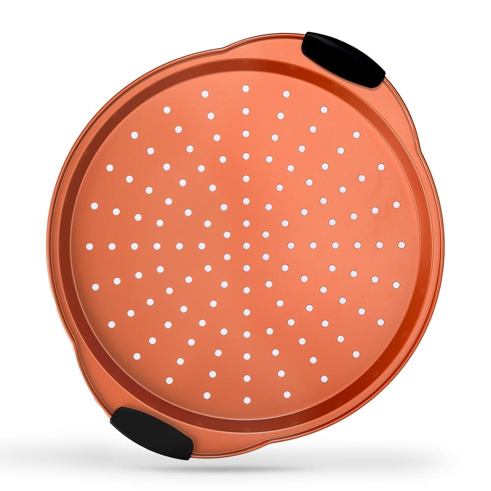 NutriChef Copper Non-Stick Pizza Tray with Silicone Handles