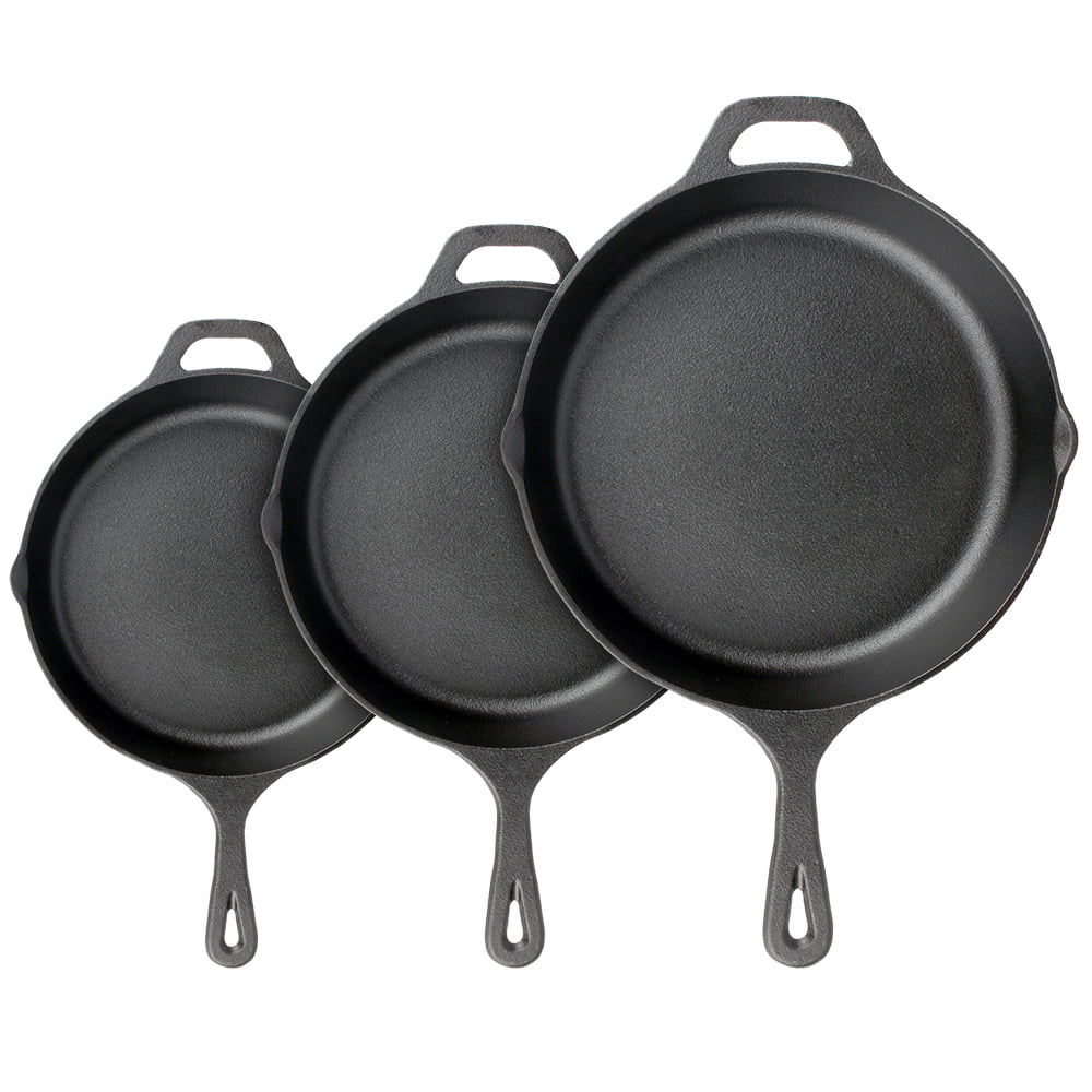 NutriChef 3-Piece Black Cast Iron Skillet Set with Red Silicone Handles