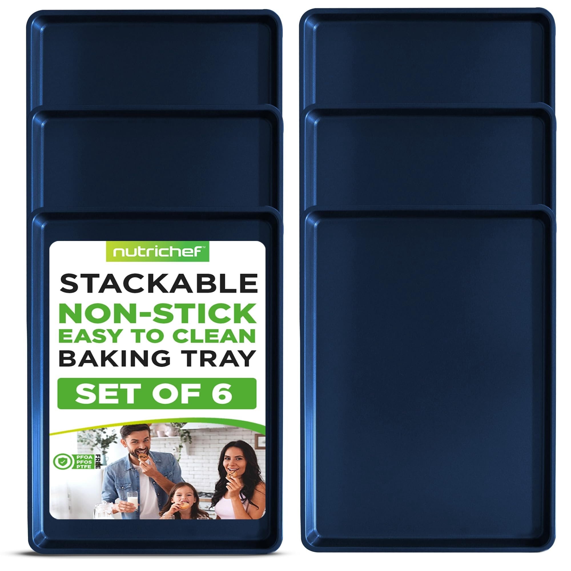 NutriChef Non-Stick XL Cookie Sheet Set, 6-Pack Premium Extra Large Carbon Steel Baking Trays for Cookies, Jelly Rolls, Pastries and More - Blue Diamond, 22" x 16"