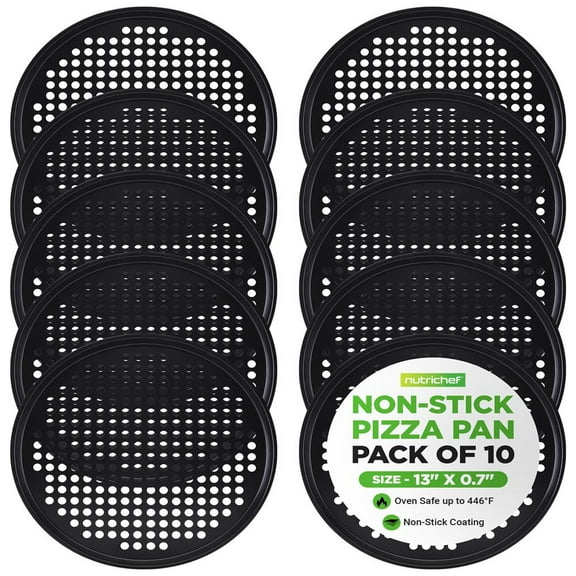 NutriChef Nonstick 13" Pizza Pan (Set of 10), Perforated Round Pizza Tray for Oven, Commercial-Grade Carbon Steel Baking Pan for Homemade, Frozen & Leftover Slices – Easy to Clean & Dishwasher Safe