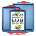 thumbnail image 1 of NutriChef Nonstick 3-Piece Baking Pans Set – Carbon Steel Bakeware with Blue Coating Inside & Outside and Red Silicone Handles, Durable and Reliable, Effortless Baking and Easy Cleanup (Blue), 1 of 8