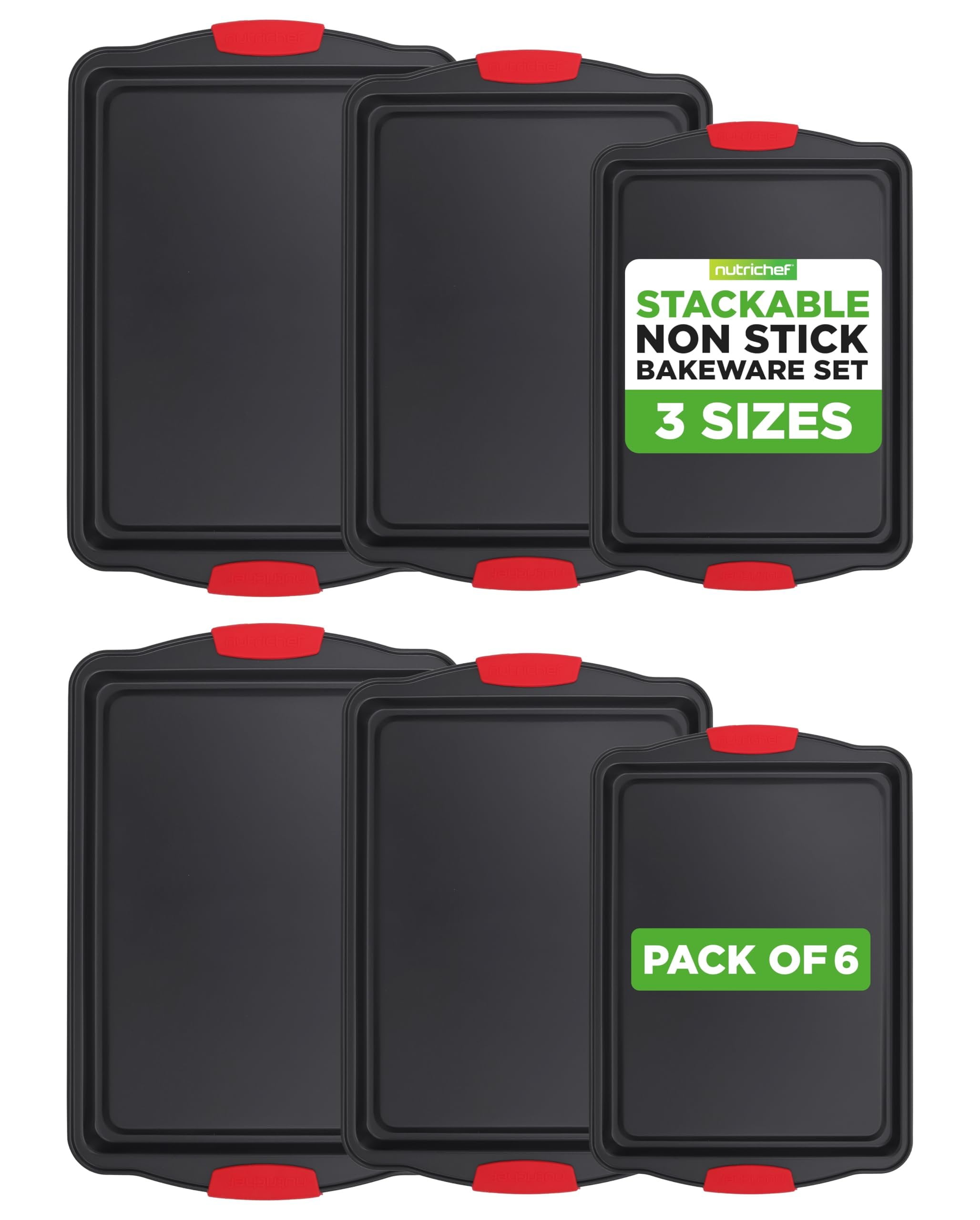 NutriChef Nonstick Baking Pans Set  Premium Cookie Sheets for Baking, Carbon Steel Stackable Baking Trays with Red Silicone Handles, Oven Safe Pans for Cookies, and Cakes, Dishwasher Safe 6 Pack