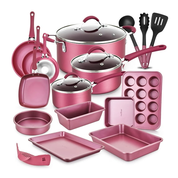 NutriChef Nonstick Cooking Cookware Pots & Pans, 20 Pieces, Marron Pink