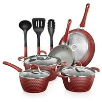 NutriChef Nonstick Cooking Kitchen Cookware Pots & Pans, 11 Piece Set, Red