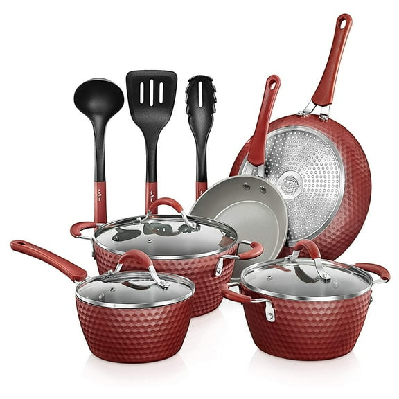 NutriChef Nonstick Cooking Kitchen Cookware Pots & Pans, 11 Piece Set, Red