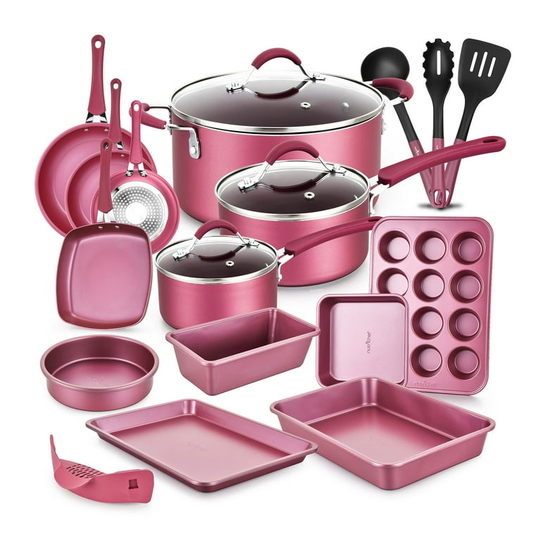 GHOONEY Flat Bottom Pan Pink Non-Stick Pot for Gas Stoves and Cooker Use  Baking Pans