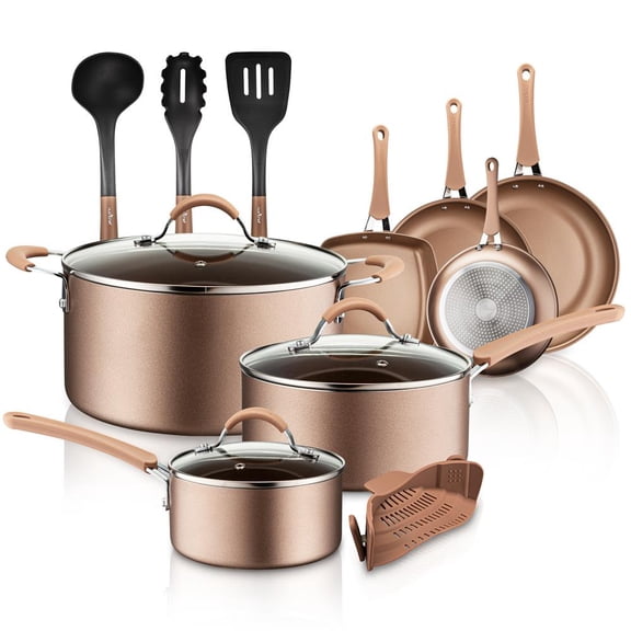 NutriChef Nonstick Cookware Pots & Pans, 14pce Set in Bronze-Aluminum