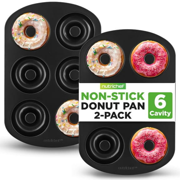 NutriChef Nonstick Donut Pans for Baking | 6 Durable & Easy to Clean Doughnut Molds | Fits Full-Sized Doughnuts | Oven Safe Up To 450F | Bake Perfect Donuts & Bagels | 12.5 x 8.5 Donut Trays | 2 Pack