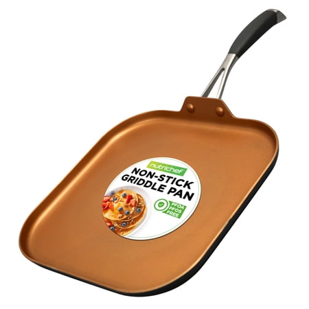NutriChef Nonstick Kitchen Cookware Set Copper Non-Stick Coating Inside, Hard-Anodized Look Heat Resistant Lacquer Outside, Silicone Handle NCSQPA, 1 Griddle