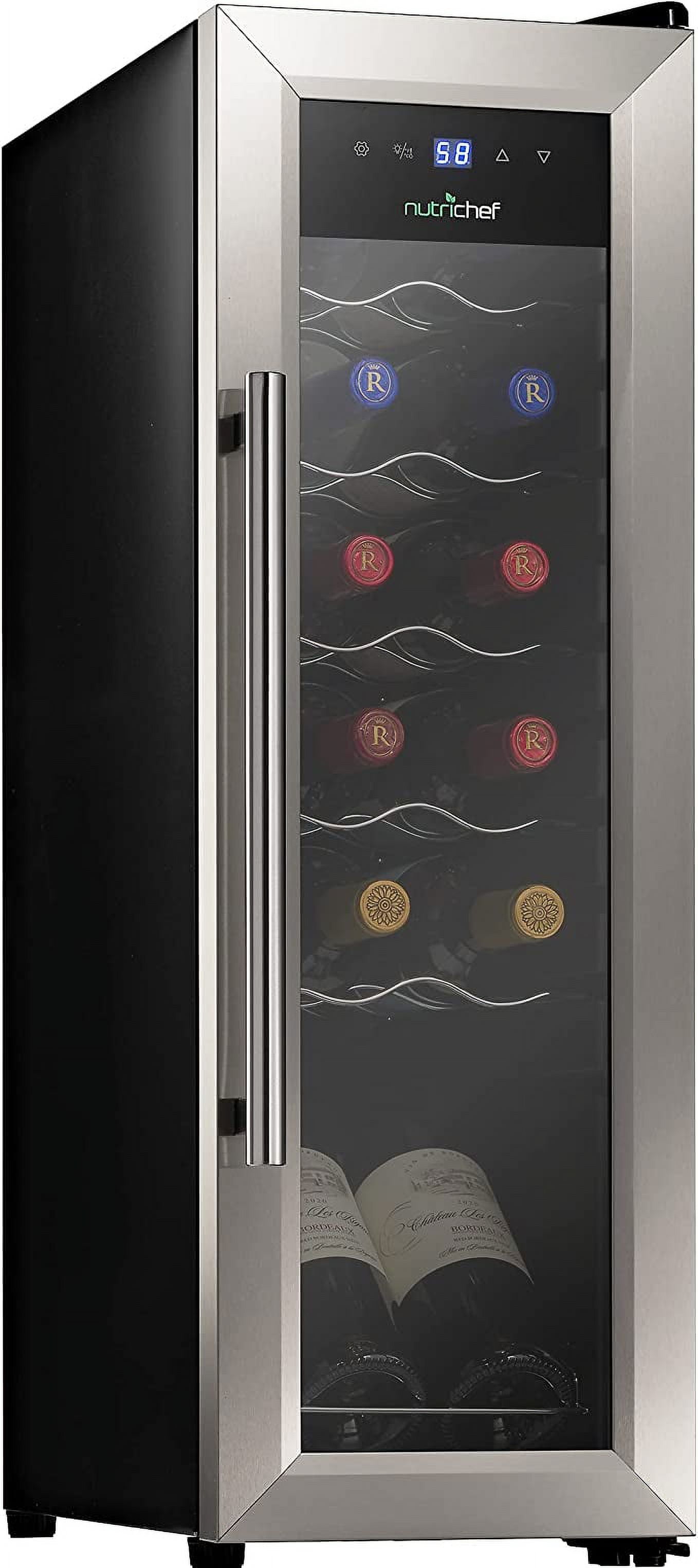 NutriChef PKCWC12 12 Bottle Cooler Refrigerator White and Red Countertop Chiller W/ Digital Control