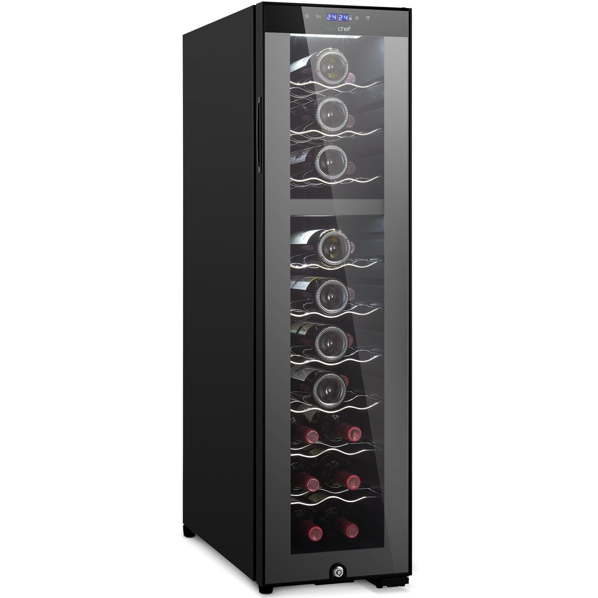 NutriChef PKCWCDS275 Chilling Refrigerator Cellar-Dual-Zone Wine Cooler/Chiller, Digital Touch Button Control with Air Tight Seal, Contains Placement for Standing 27 Bottle Storage Capacity, Black