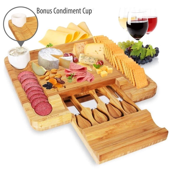 NutriChef PKCZBD10.5 - Bamboo Cheese Cutting Board Set - Flat Wood Serving Platter for Picnic Food or Wine - Rectangle Fruit and Meat Plate Kit w/ Bowl, Closing Drawer Tray, 4 Stainless Steel Knives