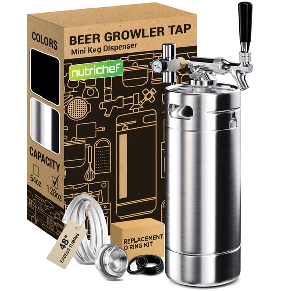 NutriChef Pressurized Growler Tap System - Stainless Steel Mini Keg Dispenser Portable Kegerator Kit - Co2 Pressure Regulator Keeps Carbonation for Craft Beer, Draft and Homebrew - PKBRTP100 (128oz)