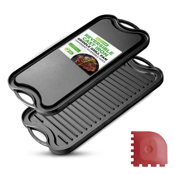 NutriChef Reversible Cast Iron Griddle Pan, Heavy-Duty Flat & Ribbed Grill Plate for Stove Top & Gas Grill, Includes Scraper Tool