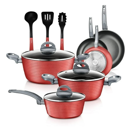 NutriChef NCCW12RED - Kitchenware Pots & Pans Set - Stylish Kitchen Cookware, Non-Stick Coating Inside & Outside + Heat resistant Lacquer Outside, Dark Gray Inside and Red Outside (12-Piece Set)