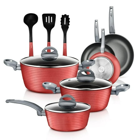 NutriChef NCCW12RED - Kitchenware Pots & Pans Set - Stylish Kitchen Cookware, Non-Stick Coating Inside & Outside + Heat resistant Lacquer Outside, Dark Gray Inside and Red Outside (12-Piece Set)